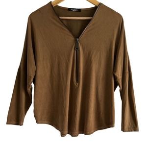 Ariella Womens Size Small Brown Pullover Half Zip Suede Contemporary Top
